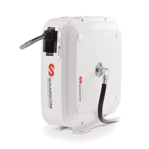 507 101, 121, 222, 300, 321 A white Samson retractable hose reel with a hose extended from the side, featuring the Samson logo on its side and front, is designed for efficient fluid handling and is set against a plain white background.