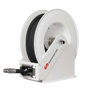 508 125, 152, 425, 225, 244, 252 A white metal industrial hose reel with a black hose wound around it, featuring a red and gray Samson logo on the side. The hose has a metal nozzle at the end. The reel is set against a plain white background.