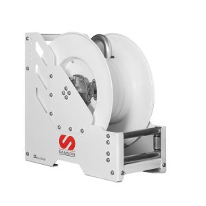 White industrial hose reel with a metal frame and central drum for winding hose, widely used as lubrication equipment. The reel features a red Samson logo and visible bolts and brackets on the side.