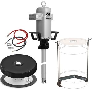 Industrial pump kit for fluid handling with motor, two cables, a circular metal base, and a transparent cylindrical container with metal supports—all displayed on a white background.