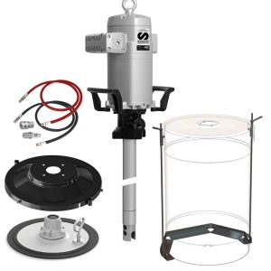 Samson industrial drum mixer kit with electric motor, power cords, mixing disc, drum cover, and open drum stand is displayed on a white background.