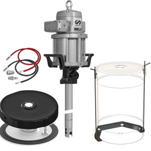 Samson industrial grease pump kit with motor, hoses, metal lid, and transparent drum on a white background.