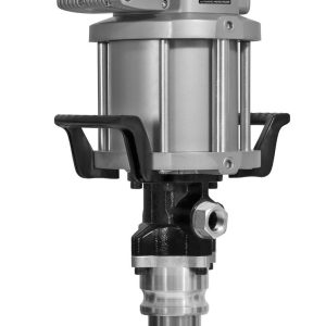 Industrial pneumatic grease pump with metal body, two side handles, a cylindrical lower section, and a loop at the top for lifting. The pump features a visible label and connection ports.