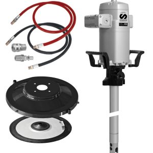 A set of industrial tools designed for fluid handling, including a silver motorized device with handles, red and black cables, connectors, and a round black component with a white center and metallic parts.