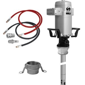 Electric-powered industrial pump with attached electric motor, two flexible hoses (one red, one black) for fluid handling, two metal fittings, and a round metal coupling connector, all shown on a white background. Samson branding ensures quality performance in demanding environments such as those requiring an industrial hose reel.