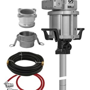 Industrial air-operated pump with metal body, hose with connectors, and two metal camlock fittings. This Samson equipment is clean and organized against a white background, ideal for fluid handling applications.