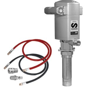 Industrial pump with a silver cylindrical body, attached control unit, two hoses (one red, one black) suitable for fluid handling applications, and small metal fittings placed separately for assembly or connection.