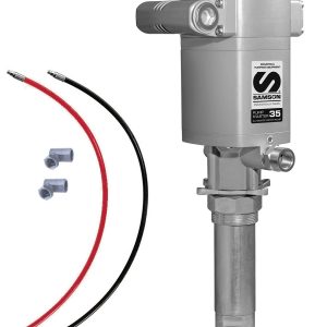 Industrial oil pump with a cylindrical metal body, attached hoses—one red and one black—and two small L-shaped connectors displayed separately on a white background.