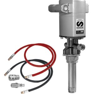 Metal industrial pump with a cylindrical body, attached control unit, two colored hoses (red and black), and three metal fittings, designed as part of lubrication equipment from Samson. Displayed on a white background.