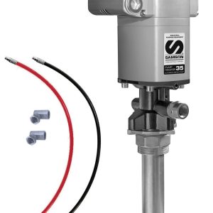 Industrial fluid pump with a silver cylindrical motor on top, featuring two hoses (one red, one black) and two gray connector fittings for efficient fluid handling. Displayed on a white background, this Samson oil pump is designed for reliable performance.