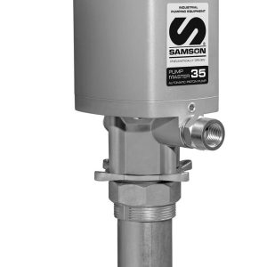A metallic industrial pump labeled SAMSON MASTER 35 with a cylindrical base and several connectors, designed for efficient fluid handling and lubrication equipment, shown against a white background.