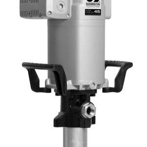 A silver industrial pump with black handles, a cylindrical lower section, an attached metal box, and a loop on top. Designed for fluid handling applications, it features a label on the front that reads SAMSON with technical specifications visible.