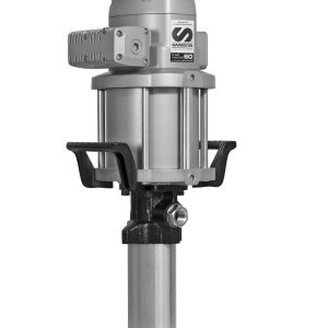 A metallic oil pump with handles, a cylindrical body, and a label reading Samson on the upper section, isolated on a white background.