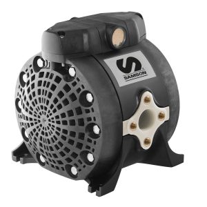 Black and silver mechanical water pump with a Samson logo, front vented cover, multiple bolts, and a white inlet/outlet fitting. Designed for efficient fluid handling, the pump is standing on a black base.