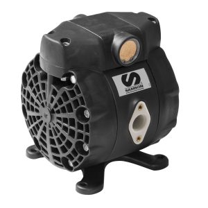 Black industrial air pump with Samson logo, designed for lubrication equipment and fluid handling, featuring a round perforated vent, a brass inlet/outlet valve, and a sturdy base for mounting.
