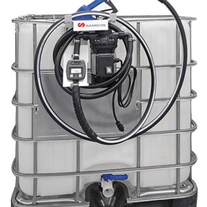 A large white liquid storage tank with a metal frame, equipped with a hose, pump, and fuel nozzle at the front, designed for efficient fluid handling and dispensing liquids.