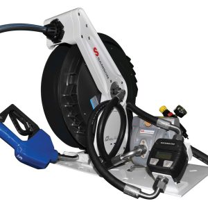 A Samson industrial hose reel featuring a blue fuel nozzle, black hose, and a mechanical meter, mounted on a white metal base, designed for use with lubrication equipment.