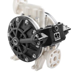 White and black industrial diaphragm pump with multiple bolts, pipe connections, and the Sandpiper logo on its casing, designed for efficient fluid handling in lubrication equipment, positioned on white background.