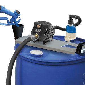 A blue fuel drum with a mounted electric pump, attached hoses, a blue fuel nozzle, and a filter. This fluid handling setup appears designed for transferring liquid, likely fuel, from the drum.