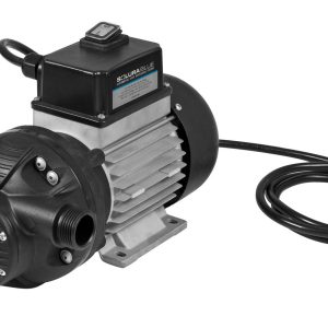 A black and silver electric water pump with a power cord and plug, featuring two pipe connections and a labeled motor housing, designed for efficient fluid handling.