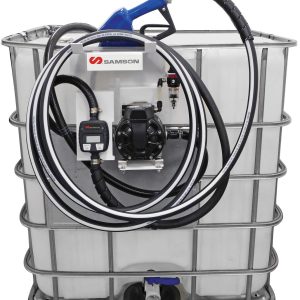 A large plastic tank with a metal frame holds a fuel dispensing pump, hose, and nozzle attached to the front, branded with the Samson logo—an ideal solution for fluid handling and lubrication equipment needs.