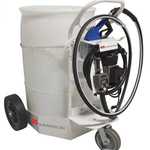 A white rolling drum cart designed for fluid handling, featuring a large plastic barrel, a handle, two large back wheels, a small front wheel, and an attached hose reel. The cart is branded with the name Samson.