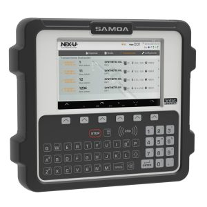Rugged handheld device with a screen displaying transaction data, a full QWERTY keyboard, numeric keypad, and labeled function buttons, branded SAMOA at the top—suitable for managing fluid handling or lubrication equipment operations.