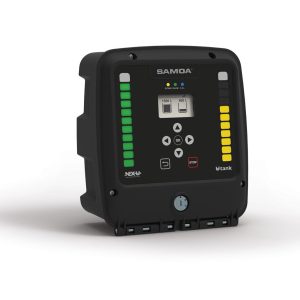 Black electronic control panel with a display screen, buttons, and LED indicator lights in green and yellow rows on both sides, produced by SAMOA. Designed for use with lubrication equipment such as a grease pump or oil pump, shown on a white background.