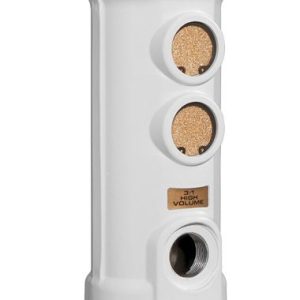 A white industrial pump with metallic fittings and brass filters, labeled SAMSON and Pneumatic 4, is designed for fluid handling. The unit features several connection points, a cylindrical lower section, and is compatible with an industrial hose reel system.