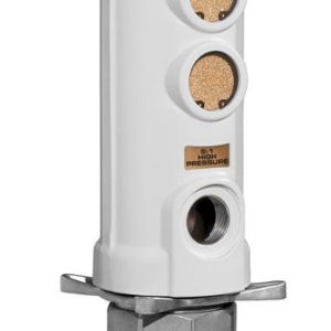 White industrial grease pump with cylindrical motor housing, labeled SMUSASHI, three circular gold filters, multiple ports, and a metallic shaft extending downward. The design features clean lines and visible bolts, ideal for integration with an industrial hose reel or Samson systems.