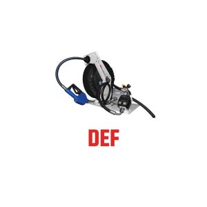 A DEF (Diesel Exhaust Fluid) dispensing pump with a hose, nozzle, and reel is shown against a white background, featuring DEF written in bold red letters below. This equipment is commonly used alongside lubrication equipment such as grease pumps and oil pumps.