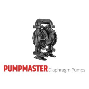 A black industrial diaphragm pump, ideal for use as an oil pump, is shown above the words PUMPMASTER Diaphragm Pumps, with PUMPMASTER in bold red and Diaphragm Pumps in gray. Samson offers quality products for demanding environments, including this durable option suitable for integration with an industrial hose reel system.