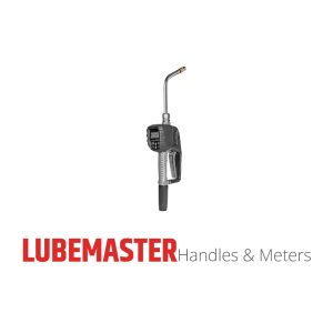 A black and silver fluid dispensing nozzle, designed for efficient fluid handling, is shown above the text LUBEMASTER Handles & Meters in red and gray on a white background.
