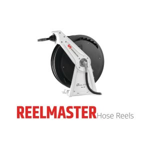 A black and white REELMASTER hose reel with a hose attached, suitable for use with a grease pump or oil pump, displayed on a white background. REELMASTER Hose Reels text is shown below in red and gray.