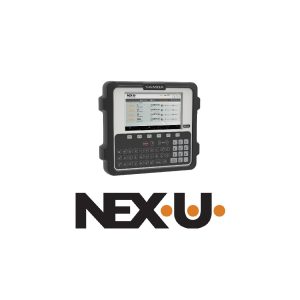 A Samoa NEX.U electronic device with a screen and keypad is shown above the NEX.U logo, which features bold black letters and three orange dots. This device is designed for use with fluid handling and lubrication equipment applications.