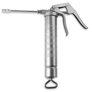 A metal grease pump with a trigger handle, cylindrical body, and a nozzle for dispensing lubricant, ideal for use as lubrication equipment.