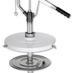 A manual sausage stuffer with a metal crank handle, plastic and metal discs, and a vertical rod, designed for filling sausage casings. With durable construction similar to that found in Samson industrial hose reel and grease pump equipment, this tool offers reliable performance for home or small-scale production.