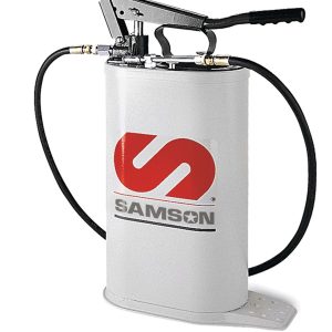 A white metal oil pump canister labeled SAMSON with a red logo features a black hose and a metal hand lever on top, suitable for use as an industrial hose reel or grease pump.