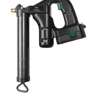 A black cordless heavy-duty grease pump with an 18V battery, a cylindrical metal grease tube, and a trigger handle, isolated on a white background.