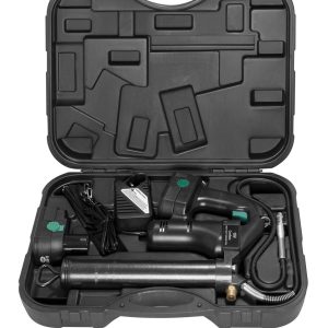 Carry Case - 169 004
Grease Barrel - 710 776
Outlet Hose - 169 012
120v Li-ION battery charger - 169 011
18v Li-ION battery pack - 169 009 A hard plastic carrying case with a battery-powered grease gun, charger, battery pack, flexible hose, and additional accessories for efficient fluid handling—neatly organized inside by Samson.