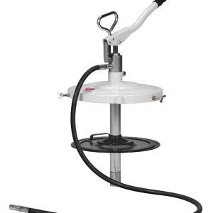 A grease pump with a long hose, a black handle, and a white circular lid, used for lubricating machinery.