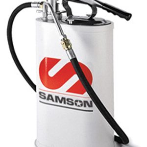A white grease pump canister with a black hose, handle, and the red Samson logo on the front is ideal for efficient fluid handling and works seamlessly as an oil pump in various applications.