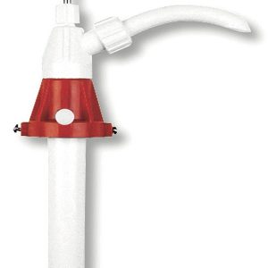 A white and red plastic oil pump with a long tube and curved nozzle, typically used for dispensing liquids from large containers, this Samson lubrication equipment is ideal for efficient fluid transfer.