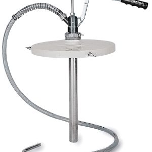 Manual grease pump with a long flexible hose, a metal handle, and a round base plate designed to fit on top of a grease container for efficient lubrication equipment dispensing.