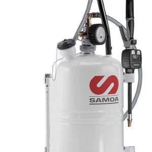 White oil extractor on wheels with a handle, hose, and digital meter. Features a SAMOA logo in red. Designed as part of advanced lubrication equipment for mobile fluid extraction tasks in workshops or garages.