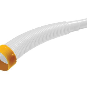 A white, flexible corrugated plastic tube with a yellow ring around one end, designed for fluid handling applications, set against a plain white background.
