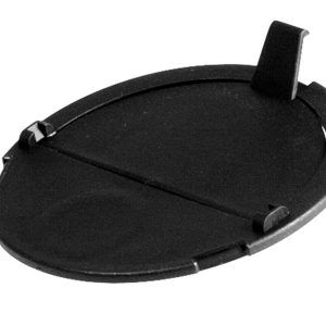 A black, round plastic camera lens cap with a raised tab and clips for attaching it securely to a camera lens, designed to protect lenses even in environments where fluid handling or oil pump equipment is used.