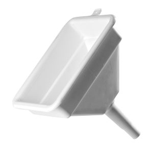A white, rectangular plastic funnel with a wide top opening and a narrow spout is ideal for pouring liquids or powders into containers, and can be conveniently used with an oil pump or grease pump.