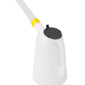 A white plastic oil or fuel container with a black screw-on cap, yellow collar, and a flexible spout, designed for efficient fluid handling, isolated on a white background.