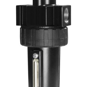 A black industrial air filter with a cylindrical body, a knob on top, a side port, and a transparent vertical gauge on the front—designed for use alongside lubrication equipment or compatible with an industrial hose reel.